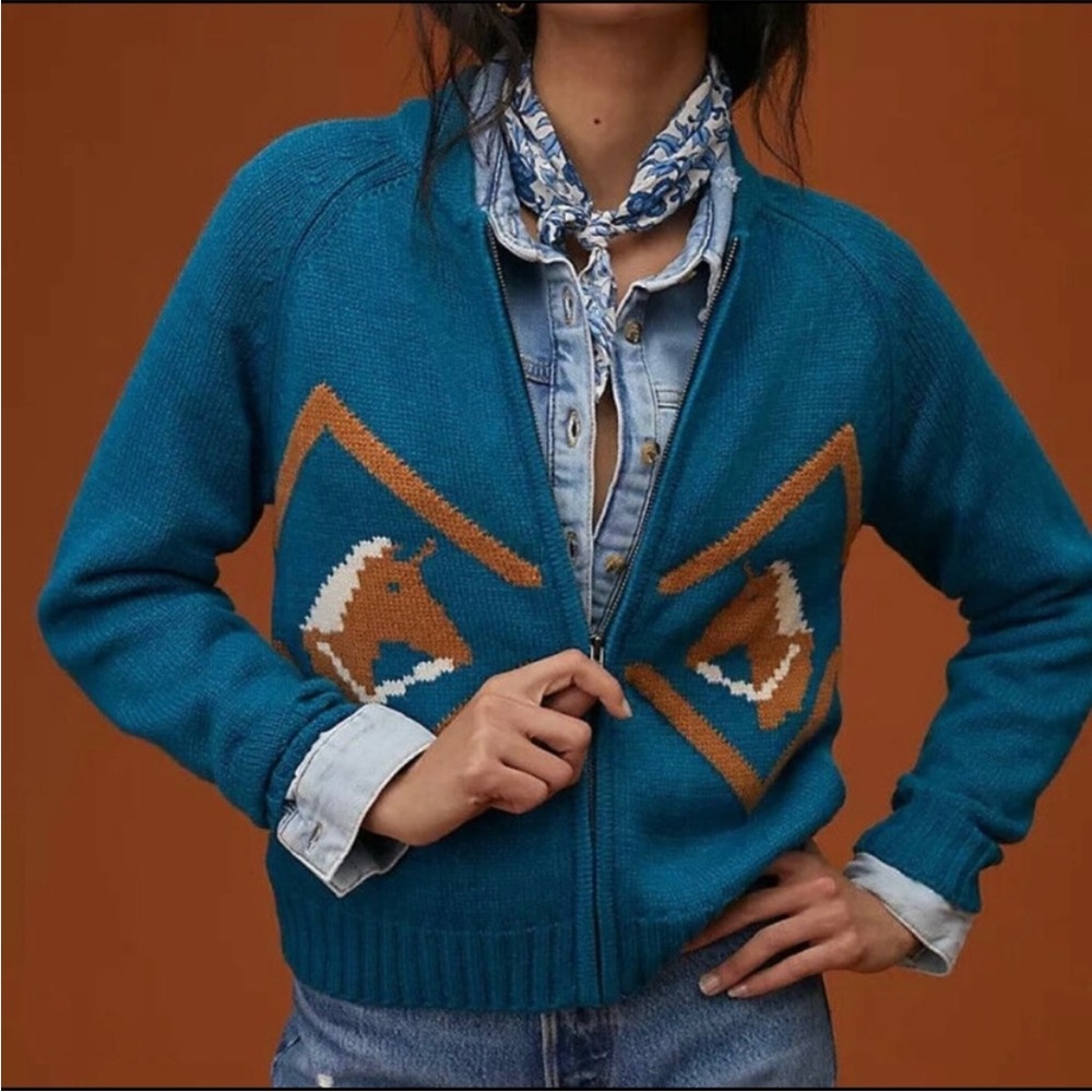 ANTHROPOLOGIE:: brand Tiny :: Horse Zip-Front Cardigan Teal Sweater:: size S NWT